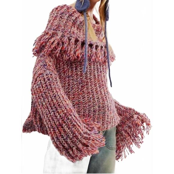 NEW FREE PEOPLE one kinsley wool alpaca blend fringe cowlneck oversized sweater